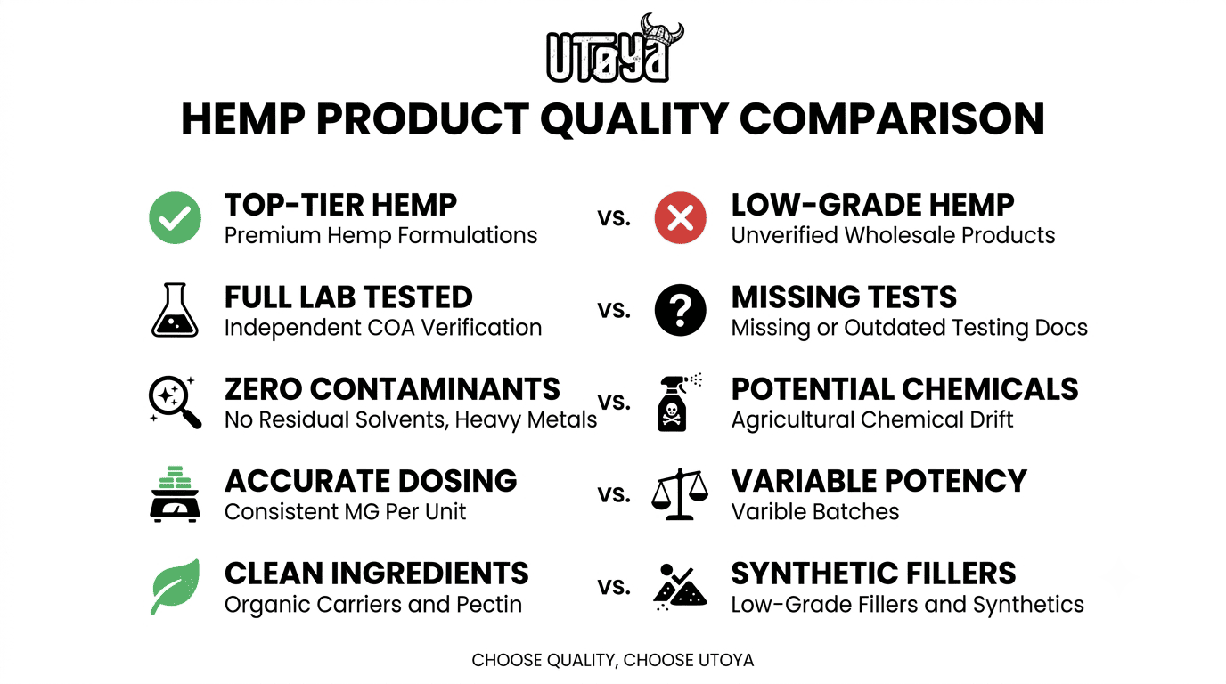 Infographic comparing top-tier hemp products with low-grade hemp products, highlighting differences in lab testing, contaminants, dosing accuracy, ingredient quality, and product safety.