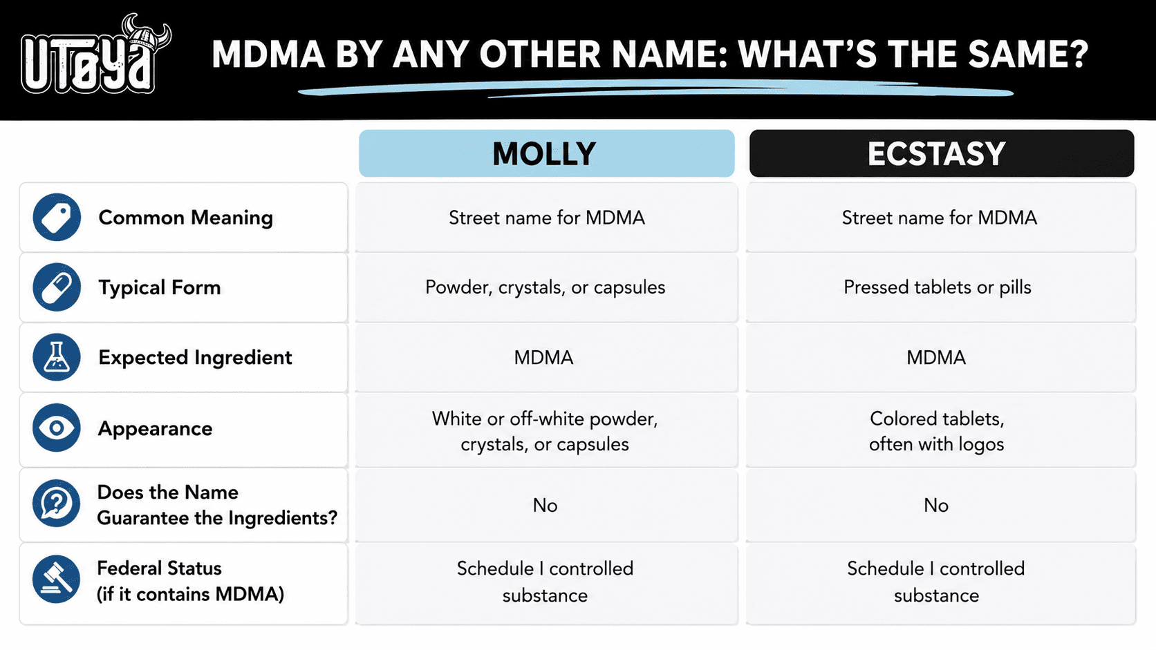 Infographic comparing Molly and Ecstasy, explaining their common meaning, typical form, expected MDMA ingredient, appearance, ingredient uncertainty, and Schedule I federal status.