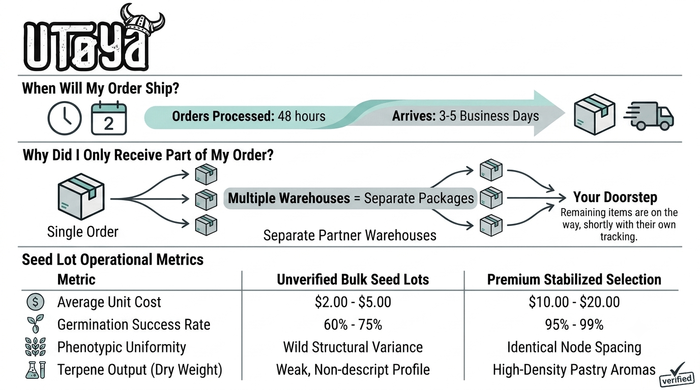 Utoya infographic explaining order shipping times, split shipments from multiple warehouses, and a comparison of premium stabilized cannabis seed lots versus unverified bulk seed lots based on cost, germination rate, phenotypic uniformity, and terpene output.