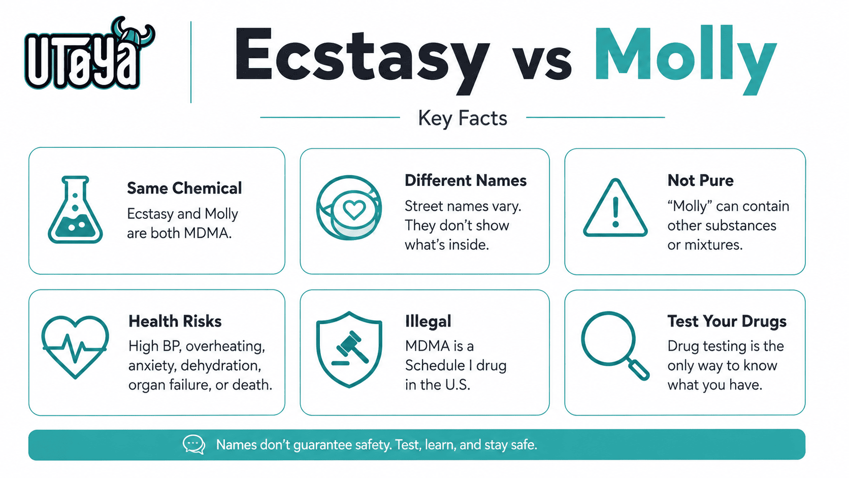 Infographic comparing Ecstasy and Molly, explaining that both are associated with MDMA, street names do not guarantee contents or purity, MDMA carries serious health risks, is illegal in the U.S., and drug testing can help identify unknown substances.
