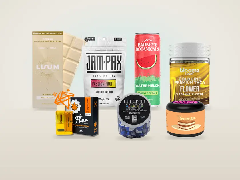 Assortment of products from brands sold at Utoya, including flower, a vape, gummies, a drink, chocolates, a concentrate and a mushroom chocolate bar